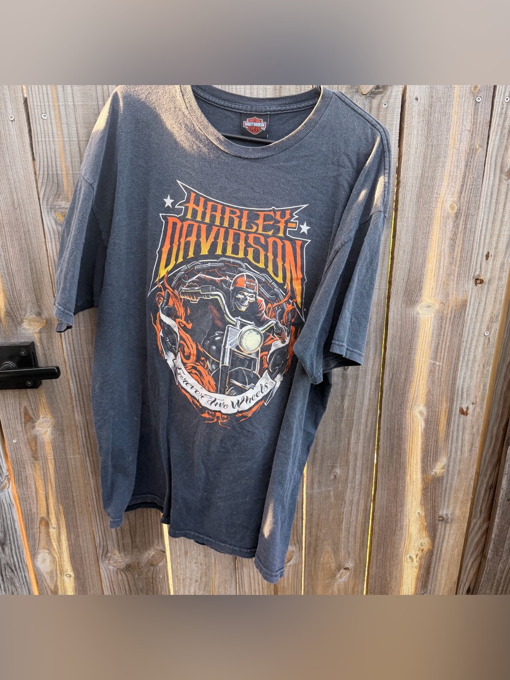 Harley-Davidson Black Tee with Orange & White Motorcycle Graphic Size Large